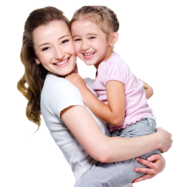 woman holding young daughter smiling